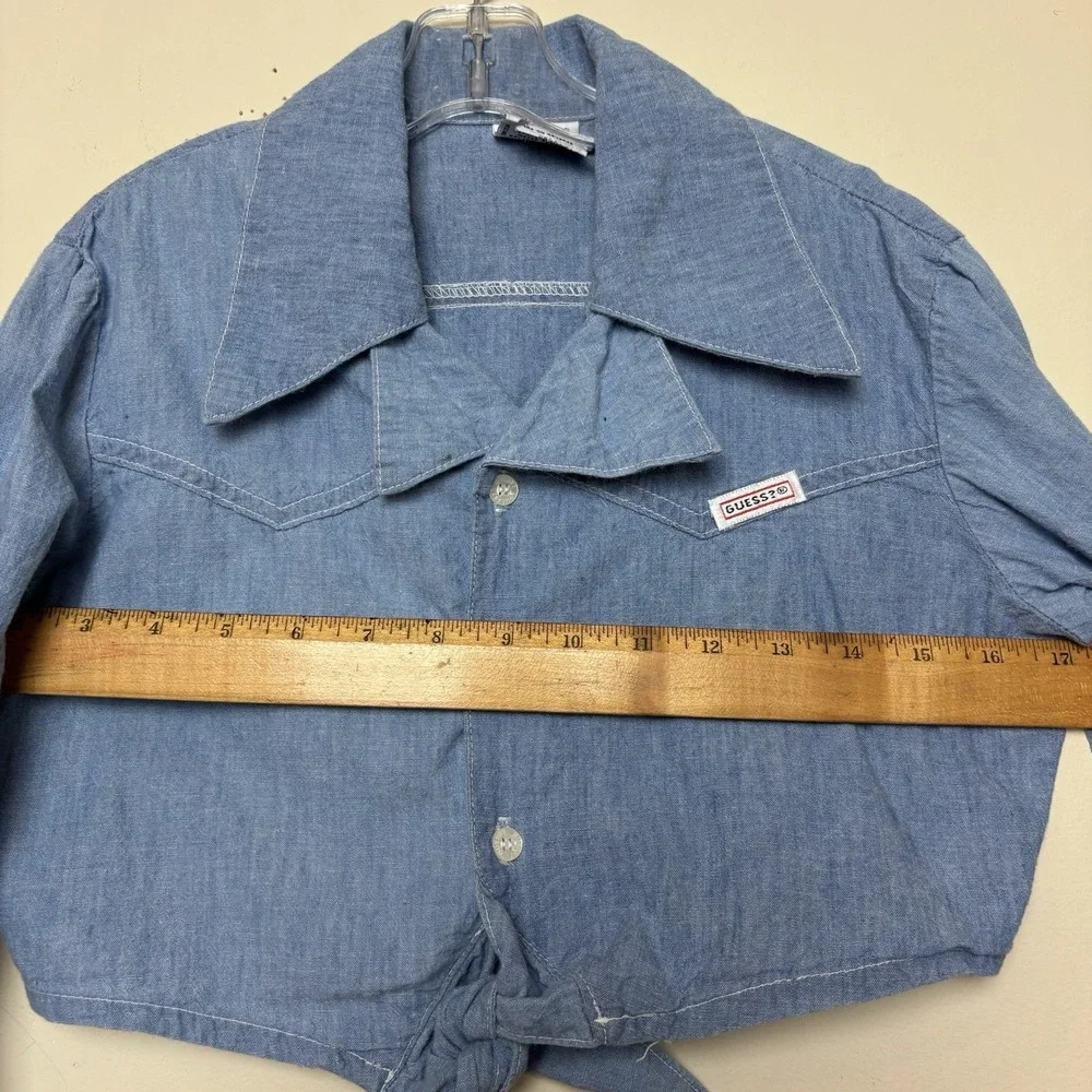 Vintage Guess Girls Button Up Cropped Tie Shirt Medium 90s Denim Chambray